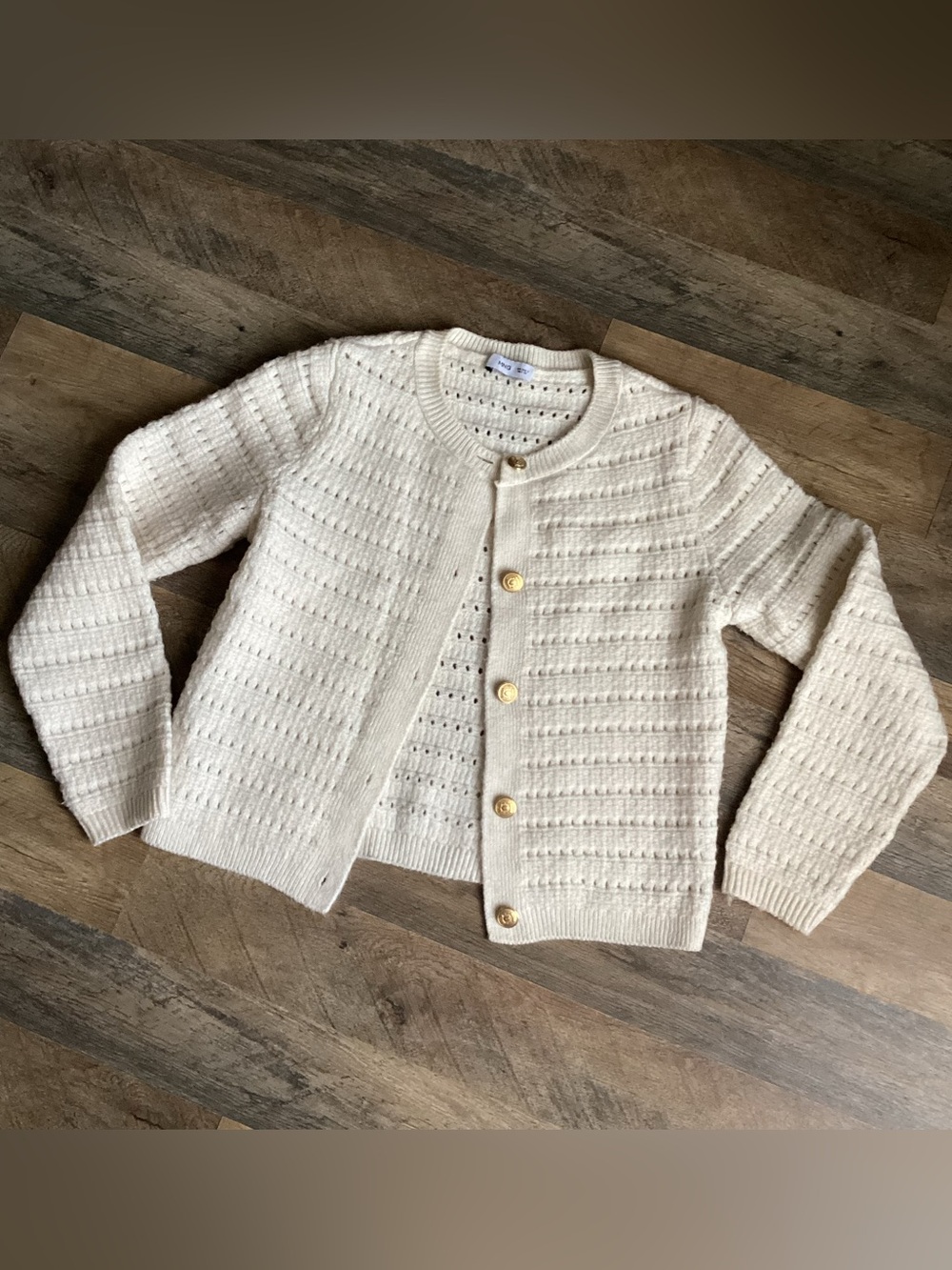 Mango Cream Knit Button Cardigan with Gold-Tone Button